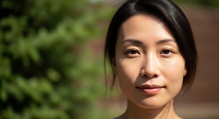 Fototapeta premium Portrait of a serene Asian woman in natural light.