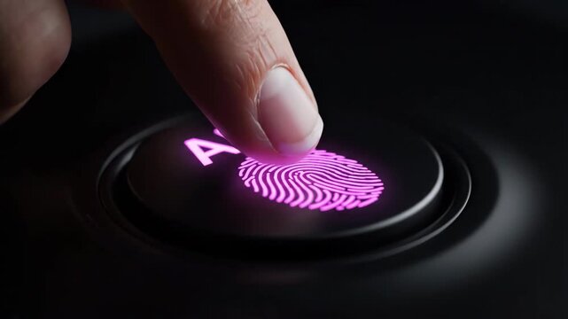 Finger pressing glowing AI button with fingerprint scan technology on dark background.