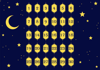 Naklejka premium Ramadan Advent Calendar. Eid Mubarak Coutdown Calendar Fillable Ramadan Gift Box, Islamic Art