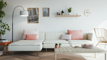 Minimalist Scandinavian Living Room Interior Peach Accents. 3d rendering