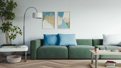 Modern Home Interior Design Green Sofa Blue Abstract Art. 3d rendering