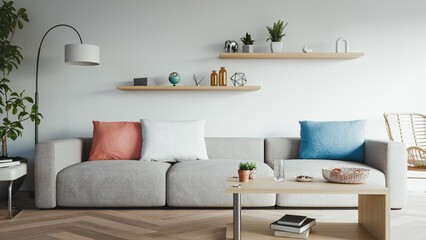 Bright Scandinavian Living Room Interior Floating Shelves. 3d rendering