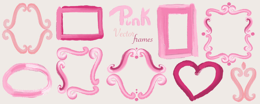 Acrylic, oil texture frames in pink. Hand drawn with brush texture. Vector, isolated. Romantic and artistic