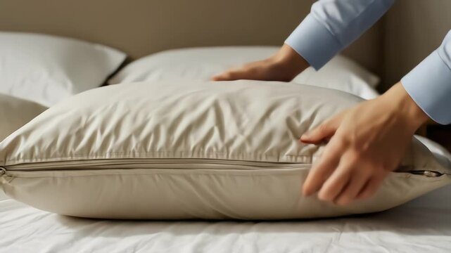 Hands replacing dirty stained pillow with fresh clean memory foam bedding in bedroom