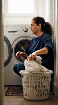 Mature woman removing clean clothes from a washing machine and placing them into a basket, illustrating daily domestic housekeeping routines.