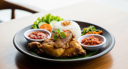 Fototapeta premium Delicious Indonesian Nasi Ayam with Sambal and Rice on a Black Plate.