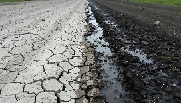Realistic educational image split in half: left side shows dry cracked hard soil, right side shows the same soil becoming dark and wet from rainwater soaking in