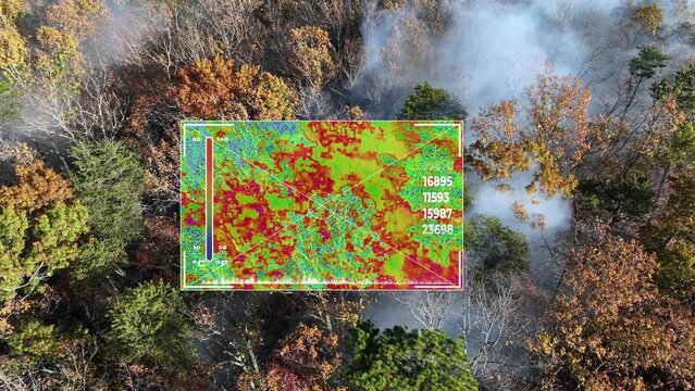 Drone using a thermal camera heat detection to help firefighters fight wildfires. Graphic