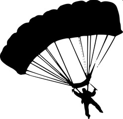 Black silhouette vector of skydiver hanging under open parachute canopy, suspension lines visible, minimal flat design, isolated on light background