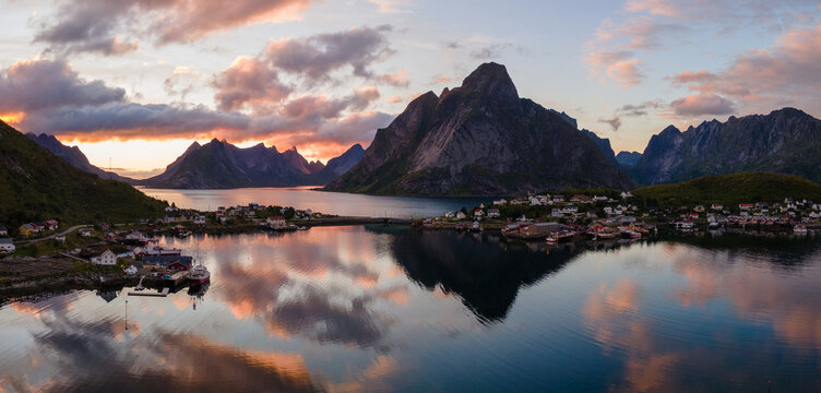 panorama of Lofoten islands at sunset, Norway, Europe