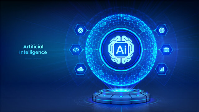 Artificial intelligence technology concept. Digital brain inside holographic sphere with a hexagonal pattern. AI Brain chip. Machine Learning. Neural networks. Big data analysis. Vector illustration.