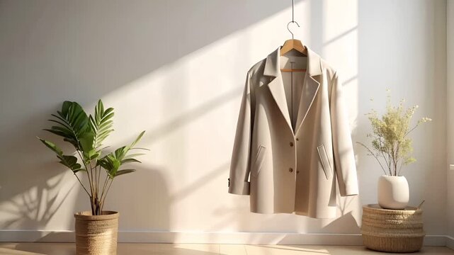 ミニマルな室内空間に、ハンガーに掛けられた一着のライトジャケットを捉えた映像です。
早春のやわらかく少し冷たさを感じる自然光が、静かで落ち着いた空気を演出します。
ニュートラルカラーの清潔で現代的なインテリアと余白のある構図が特徴です。