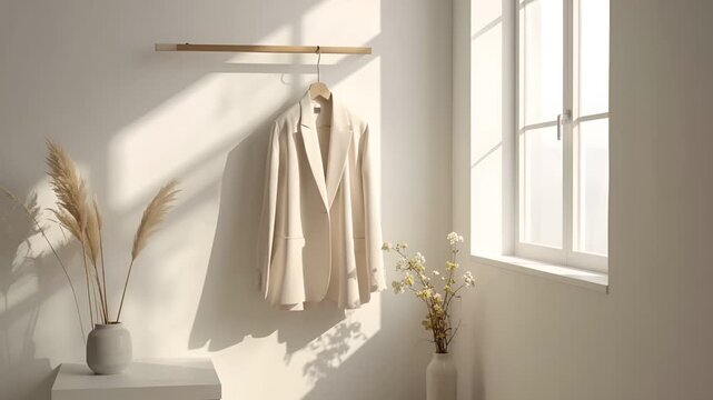 ミニマルな室内空間に、ハンガーに掛けられた一着のライトジャケットを捉えた映像です。
早春のやわらかく少し冷たさを感じる自然光が、静かで落ち着いた空気を演出します。
ニュートラルカラーの清潔で現代的なインテリアと余白のある構図が特徴です。