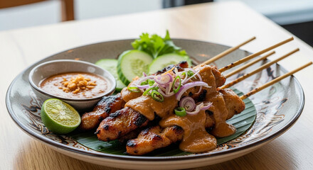 Delicious grilled meat skewers with peanut sauce and fresh cucumber slices.