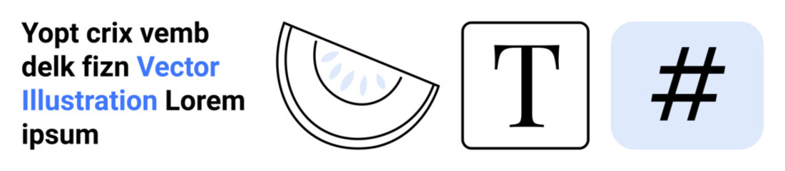 Obraz premium Watermelon slice, uppercase letter T, and metadata tag symbol in blue square. Ideal for abstract art, minimalism, education, social media, communication, branding and simple landing page