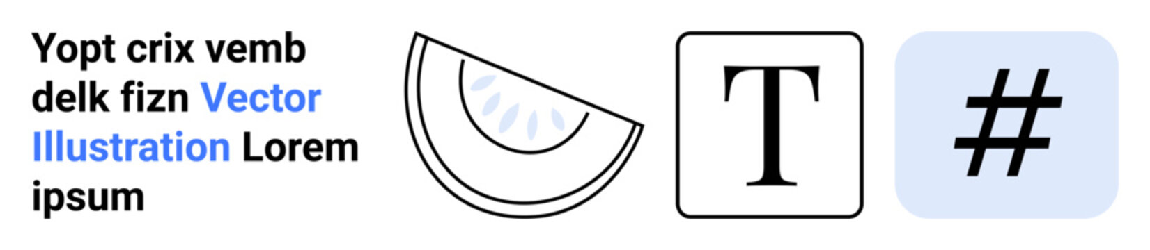 Watermelon slice, uppercase letter T, and metadata tag symbol in blue square. Ideal for abstract art, minimalism, education, social media, communication, branding and simple landing page