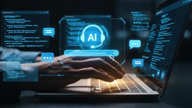Hands typing code on a laptop with an AI interface and futuristic HUD elements