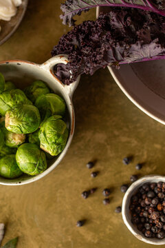 Brussel sprouts, purple kale and juniper berries.