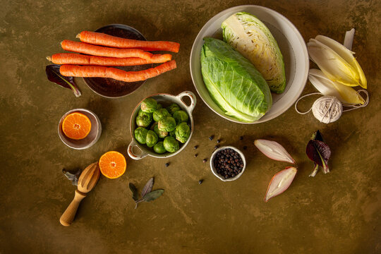 Seasonal winter fruit and vegetables in natural light..