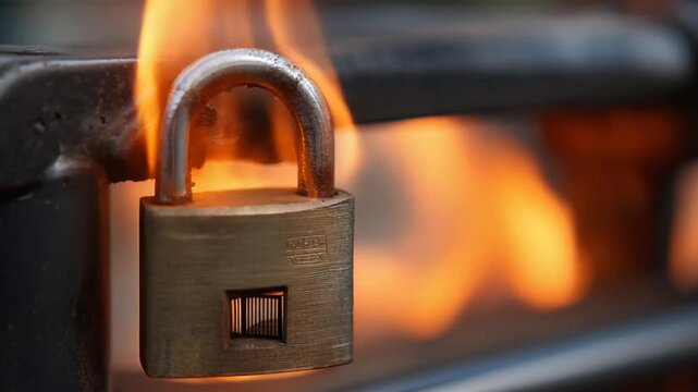 A close-up view of a metal padlock with a keyhole, next to flames in orange and yellow hues