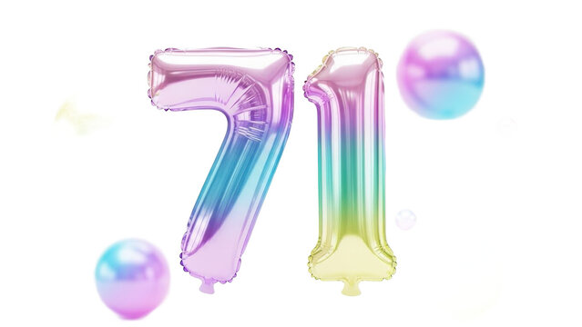 Number 71 balloons with spheres on transparent background