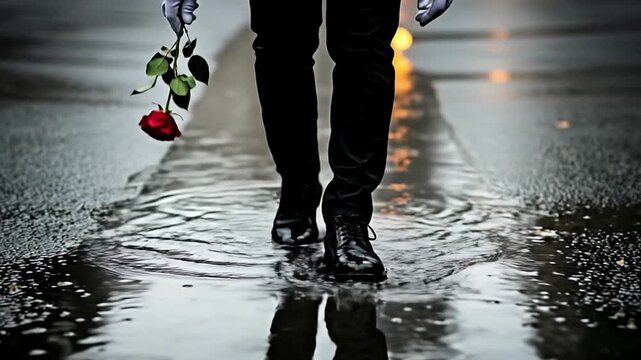 Person walking in the rain holding a single red rose.