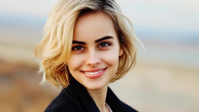 Radiant Smile of a Woman: A captivating portrait of a woman with a warm, genuine smile. Her eyes sparkle with positivity, complemented by the soft glow of natural light.