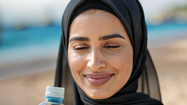 Serene Embrace: A portrait of a woman radiating inner peace, her eyes gently closed, as she holds a bottle, conveying a moment of tranquil self-reflection. 