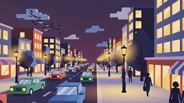 Busy urban street at night with cars, buildings, and pedestrians