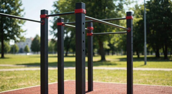 Outdoor calisthenics equipment in park with green grass & trees. Steel, black, & red