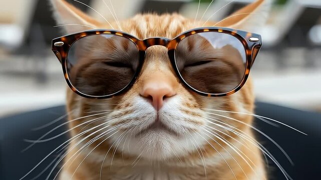 A stylish ginger cat is relaxing with closed eyes, wearing cool tortoiseshell sunglasses in a warm, detailed close-up portrait outdoors.