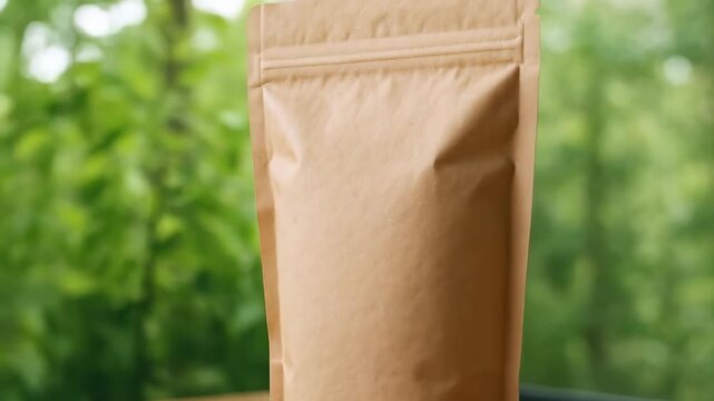 Eco-Friendly Pouch on Green Backdrop: Close-up of a brown paper pouch, perfectly displayed against a soft focus, natural green background, symbolizing sustainability and eco-conscious packaging