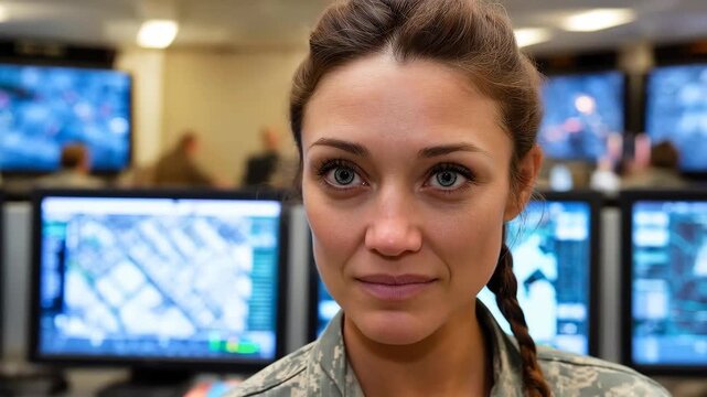 Focused Command Center Officer: A determined and capable officer stands out in a high-tech command center, demonstrating focused attention within a complex setting.