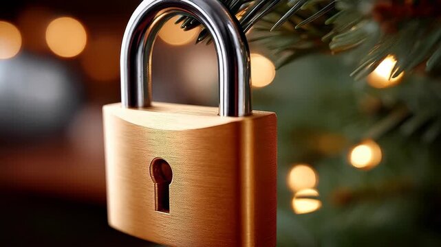 Security and Festivity: A close-up shot of a golden padlock hanging amidst festive lights, symbolizes security during celebrations. A perfect illustration of protecting cherished moments.