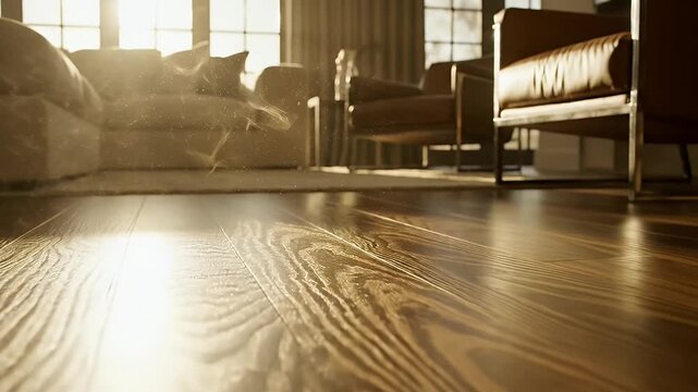 Warm Sunlit Wooden Floor in Modern Living Room Interior with Golden Light and Cozy Furniture.