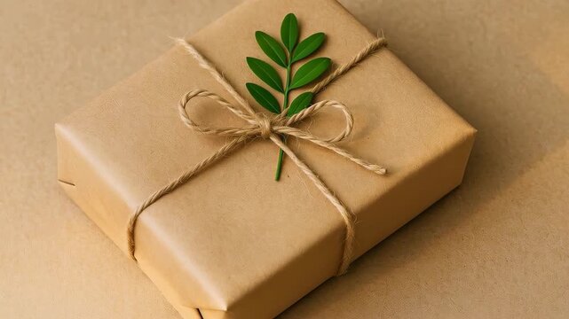 Eco-Friendly Gift: A beautifully wrapped gift, presented in eco-friendly paper, adorned with a natural twine bow and a sprig of fresh foliage.