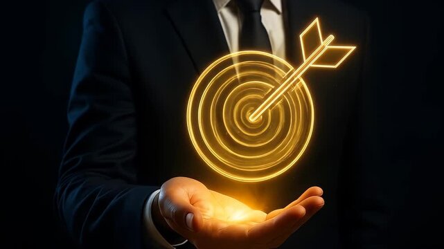 Achieving the Business Goal: A sharply dressed figure presents an illuminating target, symbolizing precision, strategy, and the focused pursuit of business objectives. 