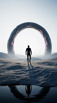 Silhouette of a man standing before a glowing interdimensional portal ring on a rocky alien landscape with water reflection, illustrating metaverse exploration concepts in a cinematic 3D animation.