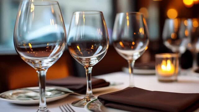 Elegant Wine Glasses: Close-up of delicate wine glasses on a table setting, hinting at a sophisticated dining experience.