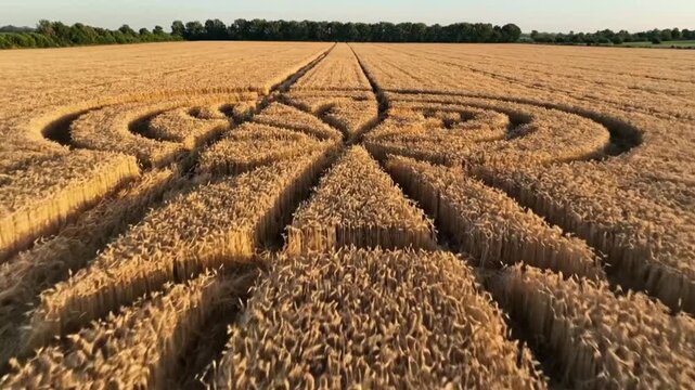 Intricate Crop Circle Formation in a Vast Golden Wheat Field Under a Clear Summer Sky