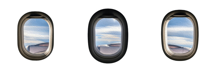 Naklejka premium Set of airplane windows with a view of clouds and a wing isolated on white background cutout