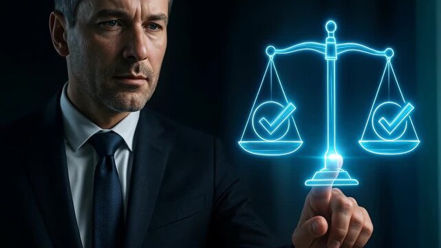 Justice in Hand: A focused individual in formal attire interacts with a glowing scale of justice, symbolizing fairness and legal precision.