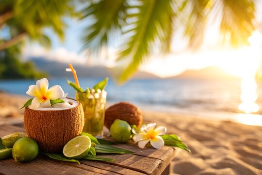 Tropical Beach Scene with Fresh Drinks, Food, and Warm Sunset Glow