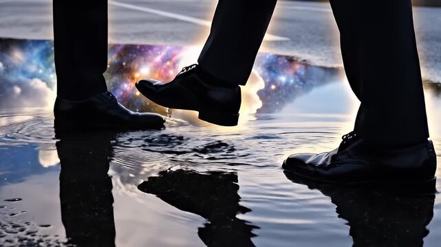 Footsteps Into Water Puddle With Starry Reflections.