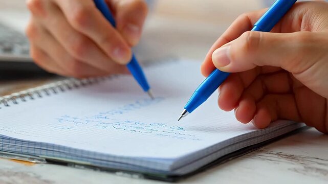 Hands writing in a notebook with pens