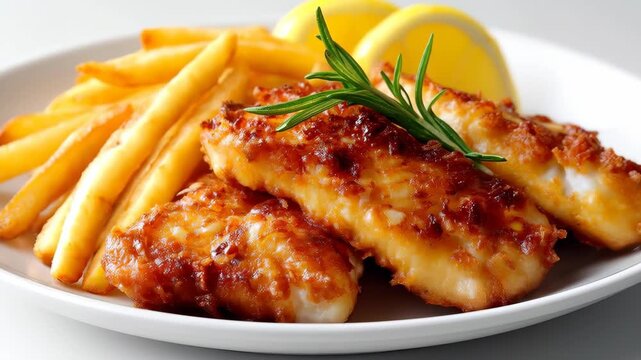 Golden Fish and Chips Delight: A culinary masterpiece featuring crispy golden-brown fish fillets, accompanied by perfectly fried chips, a sprig of rosemary, and a slice of zesty lemon.