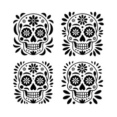 Fototapeta premium A set of four black and white sugar skulls with floral designs on a white background