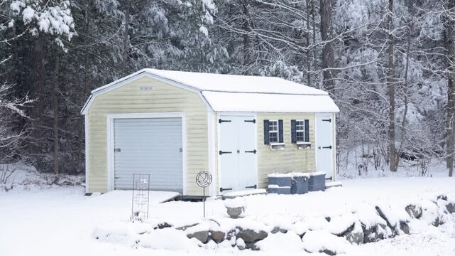 Shed in the snowfall