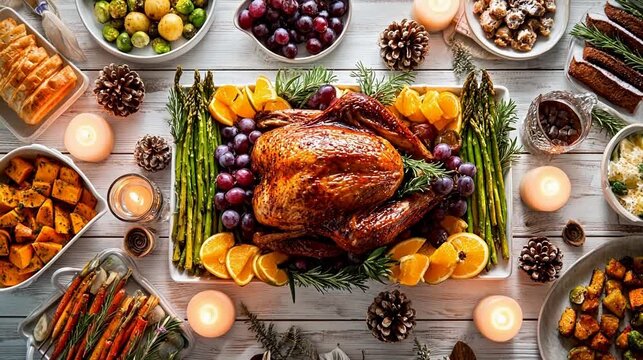 Roasted turkey surrounded by vegetables and fruits