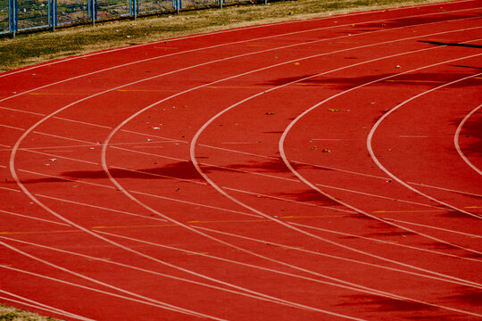 The turning lane markings on a sunlit athletics track